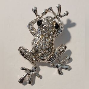 NWT 2" Silver Rhinestone Frog w/ Black Onyx Eyes Brooch